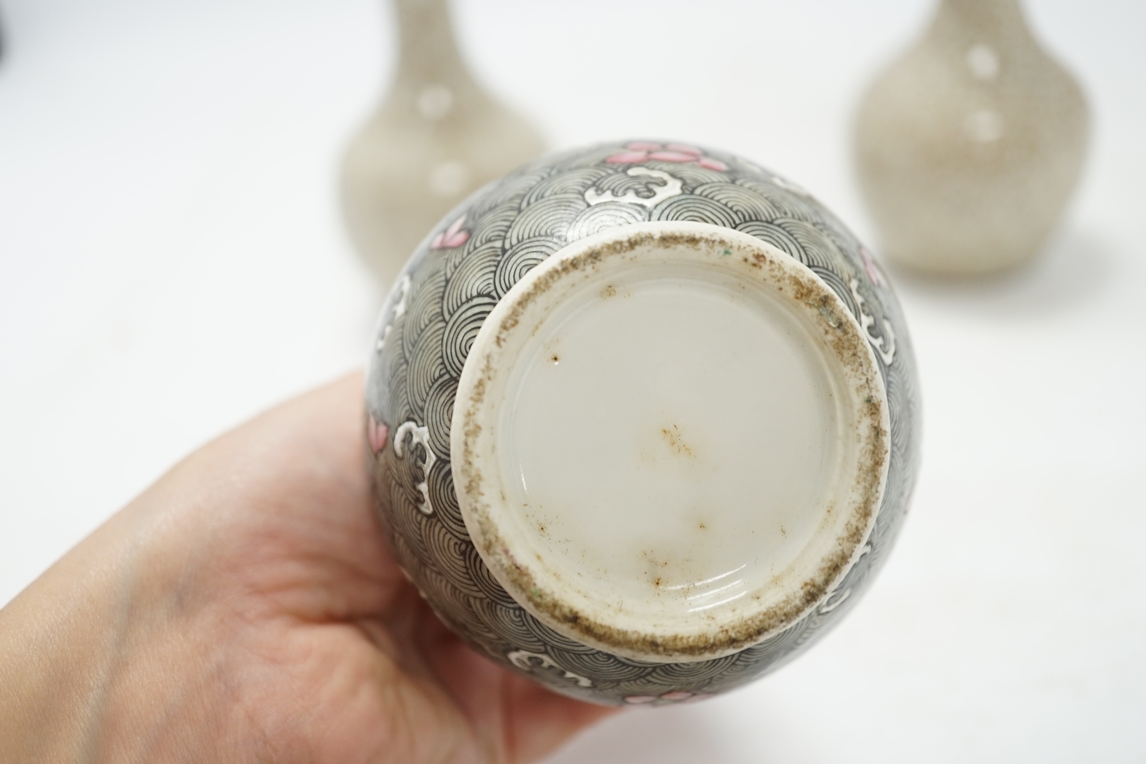 A pair of 19th century Chinese crackle glazed vases, and a Chinese vase enamelled with birds, 14cm. Condition - fair